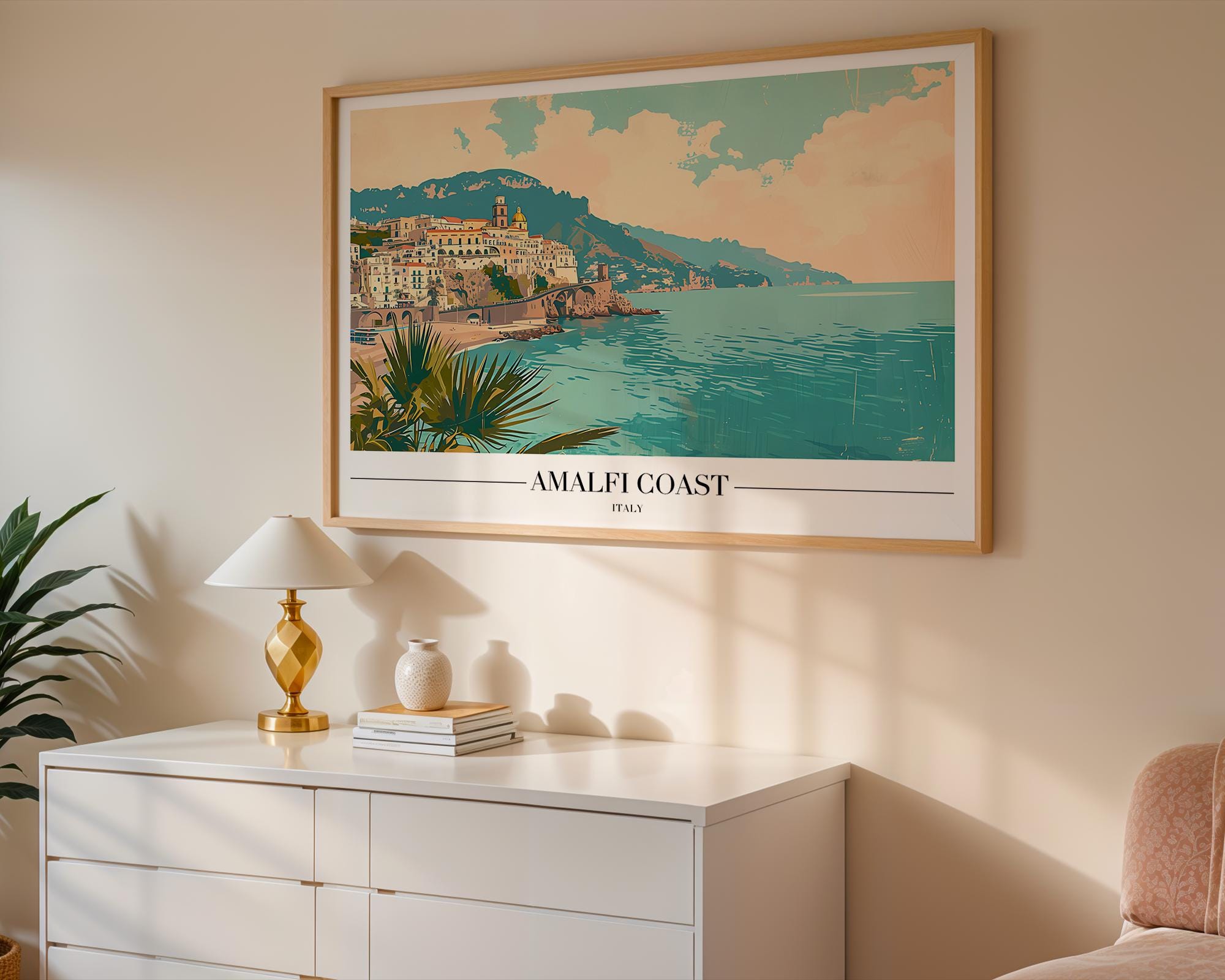 Amalfi Coast Italy Travel Poster | Retro Mediterranean Coastal Print wall art print, modern home decor, unframed artwork by Nomad & Nest