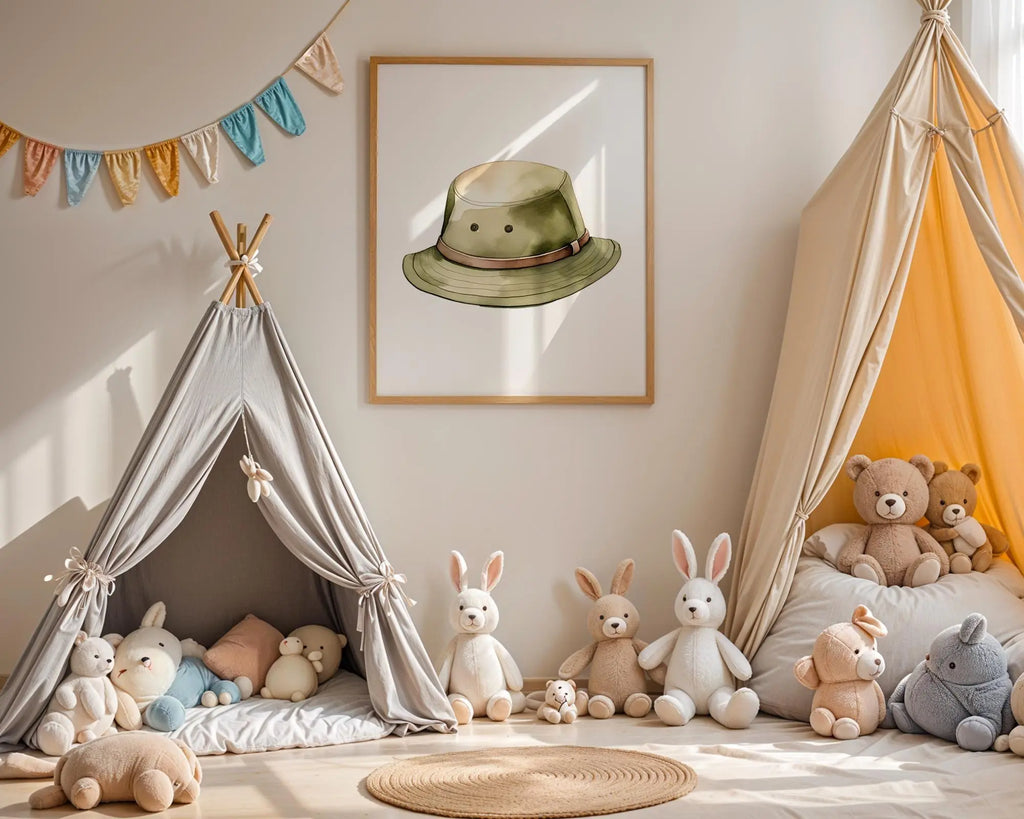 Playroom Ideas | Safari Explorer Hat Nursery Wall Art Adventure Theme Print wall art print, modern home decor, unframed artwork by Nomad & Nest