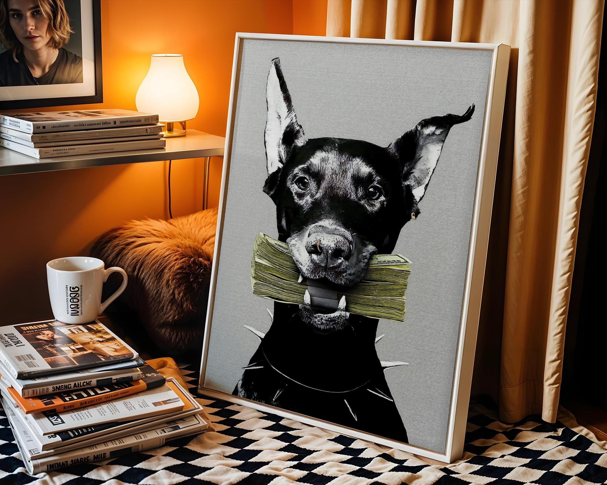 Doberman with Cash Money Poster, Minimalist Dog Print, Entrepreneur Office Decor wall art print, modern home decor, unframed artwork by Nomad & Nest