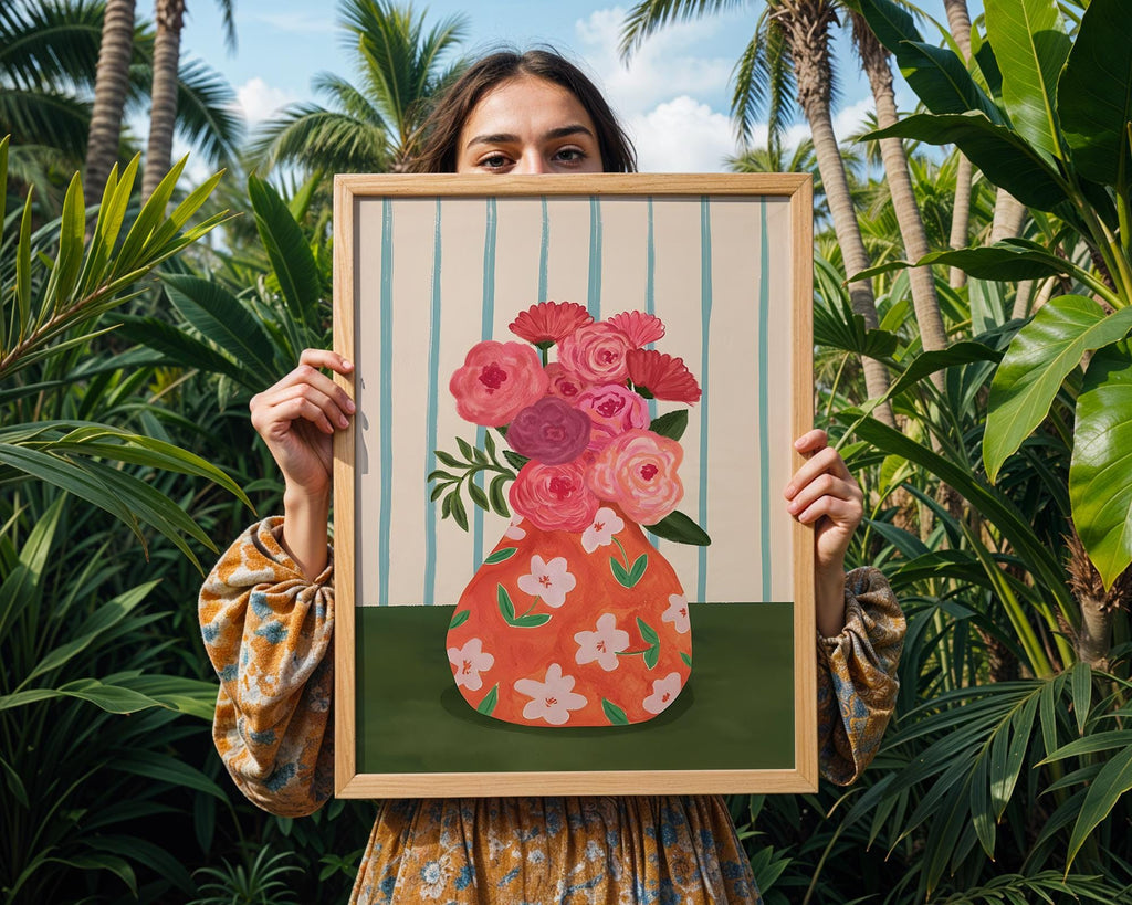 Floral Vase Art Print | Pink Flowers, Orange Pattern (Unframed) wall art print, modern home decor, unframed artwork by Nomad & Nest