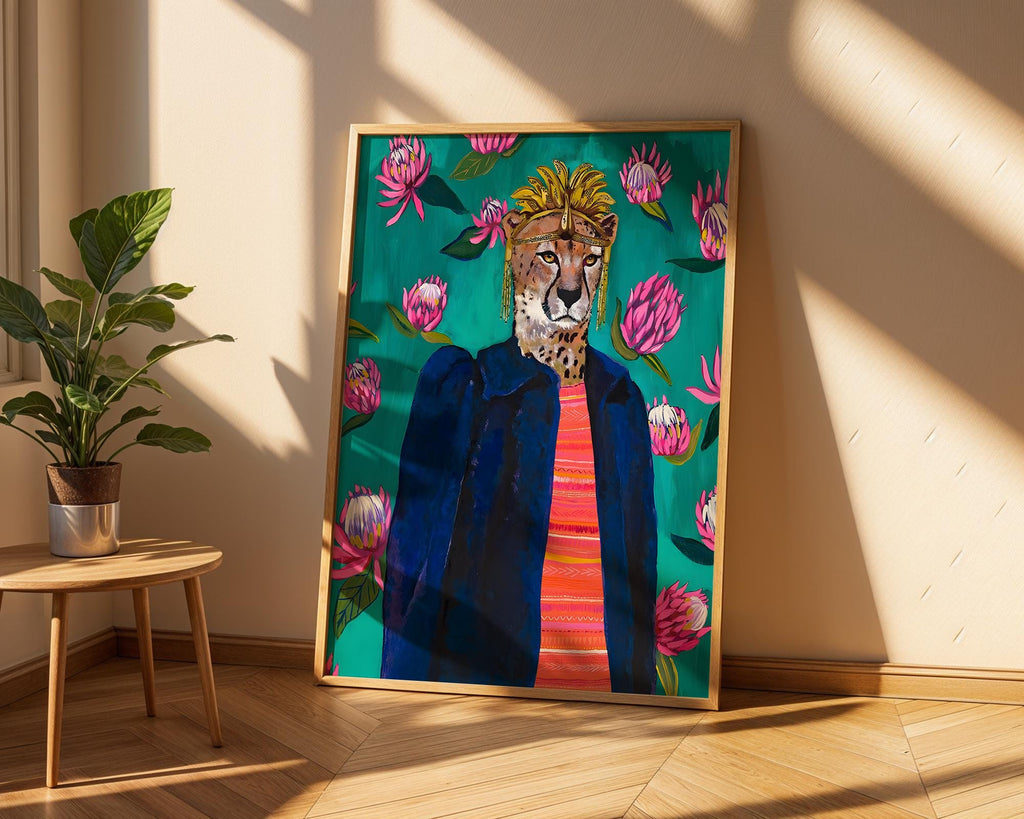 Cheetah Portrait Art Print | Maximalist Animal, Tropical Flowers wall art print, modern home decor, unframed artwork by Nomad & Nest