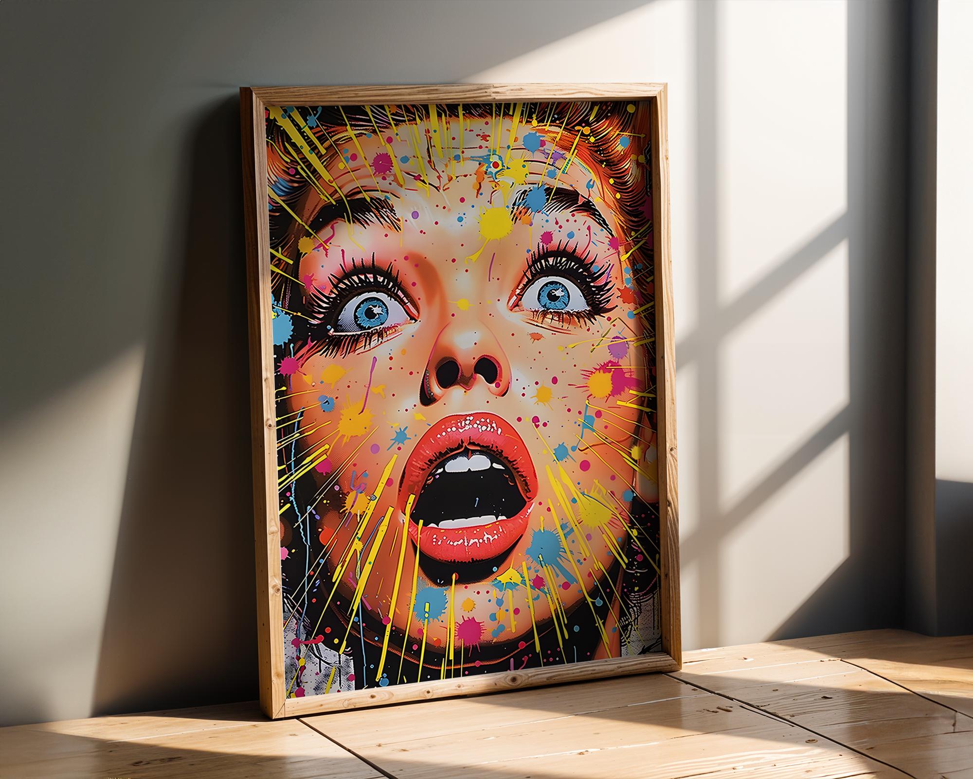 Modern Pop Art | Woman Poster | Shocked Expression, Colorful Paint Splatter wall art print, modern home decor, unframed artwork by Nomad & Nest