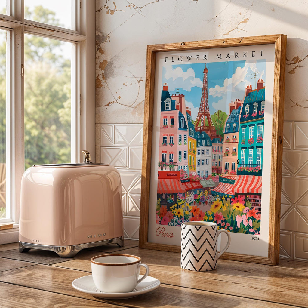 Paris Flower Market Poster | Eiffel Tower Vintage Travel Print wall art print, modern home decor, unframed artwork by Nomad & Nest