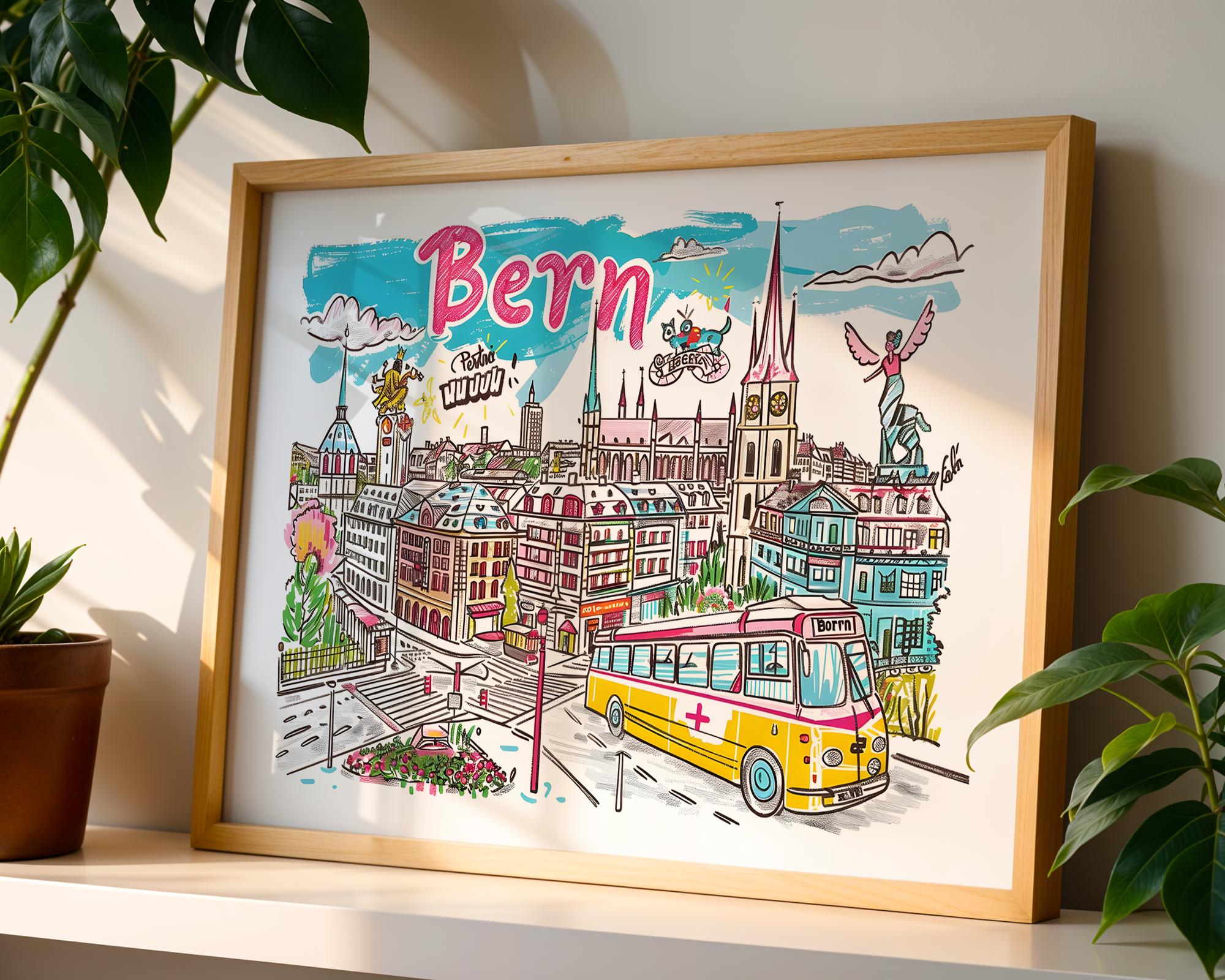 Bern Switzerland Poster | Colorful Swiss Cityscape Art Print wall art print, modern home decor, unframed artwork by Nomad & Nest