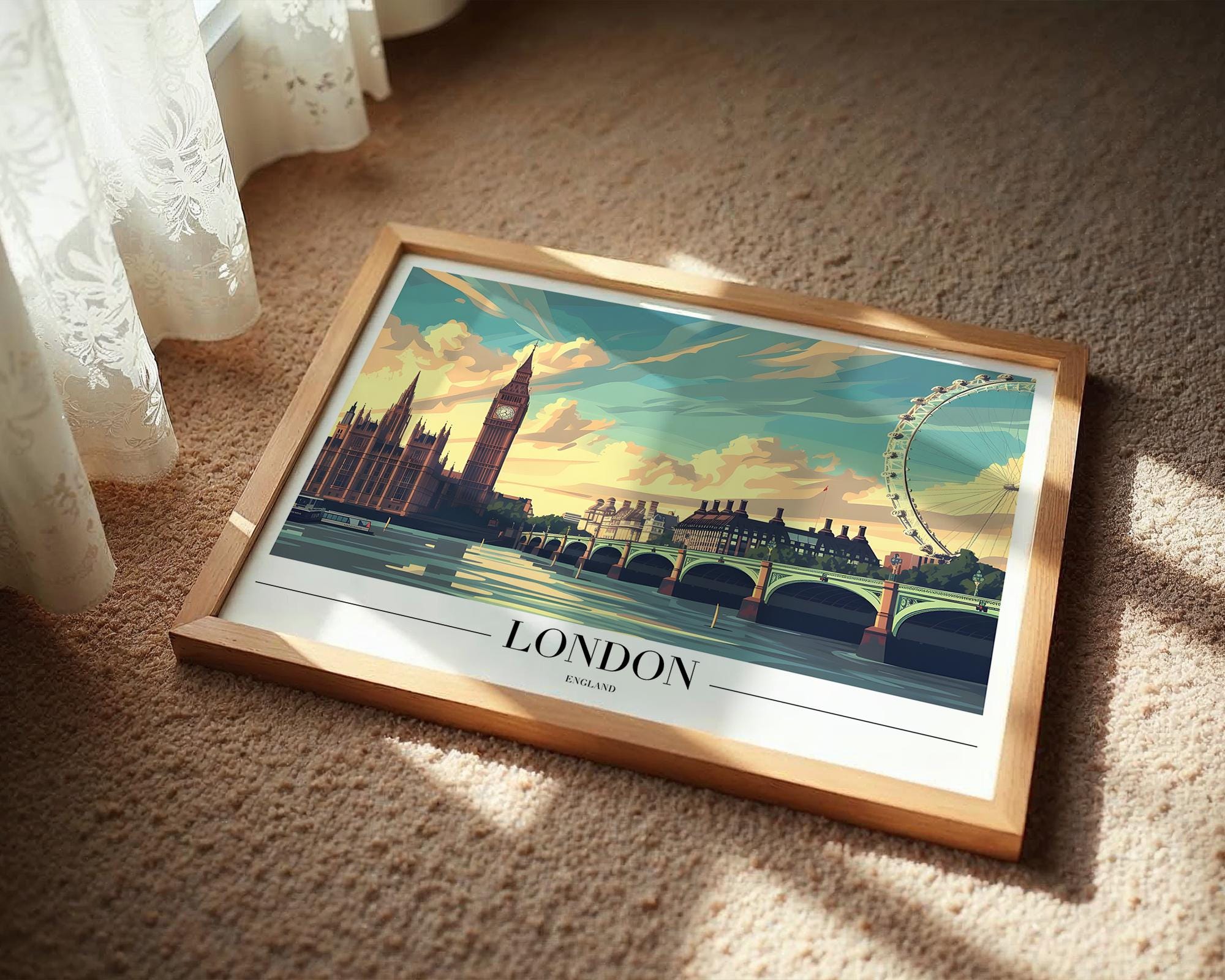 London Travel Poster | Big Ben, London Eye Art Print wall art print, modern home decor, unframed artwork by Nomad & Nest