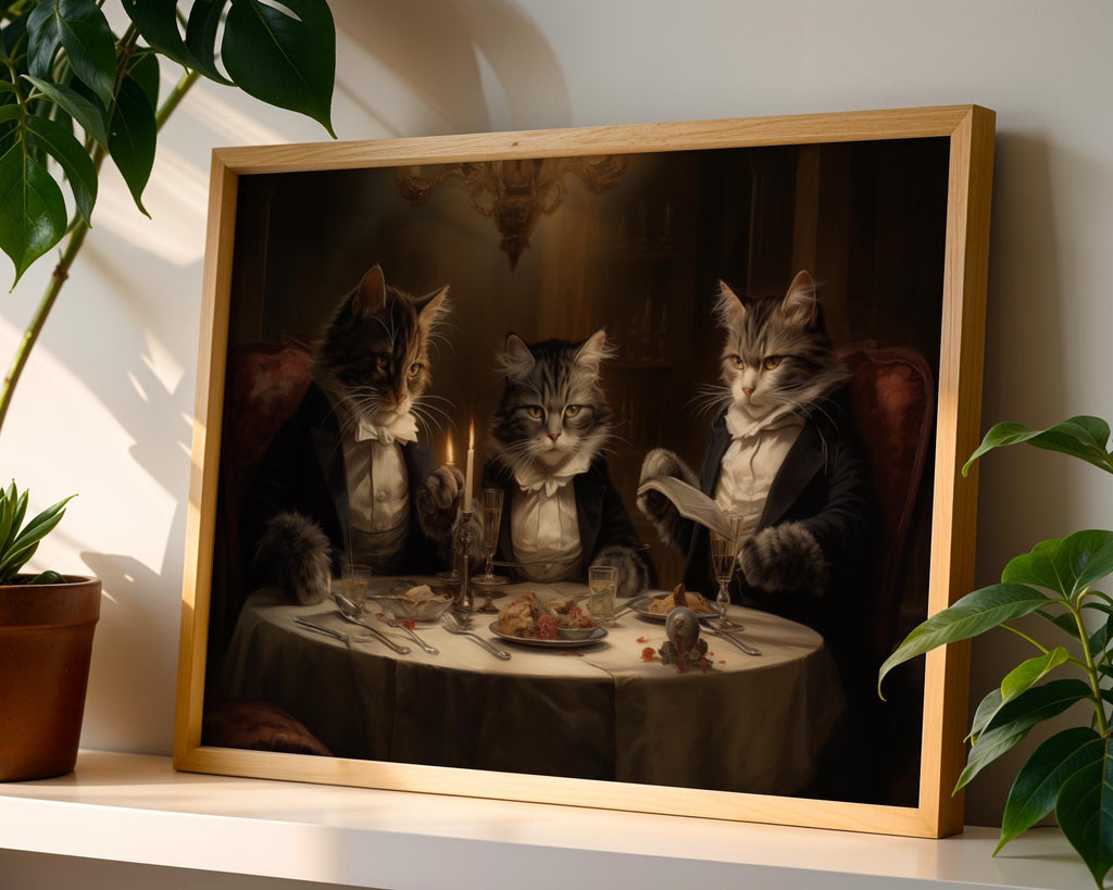 Tuxedo Cats at Dinner Party Print – Whimsical Anthropomorphic Animal Art wall art print, modern home decor, unframed artwork by Nomad & Nest