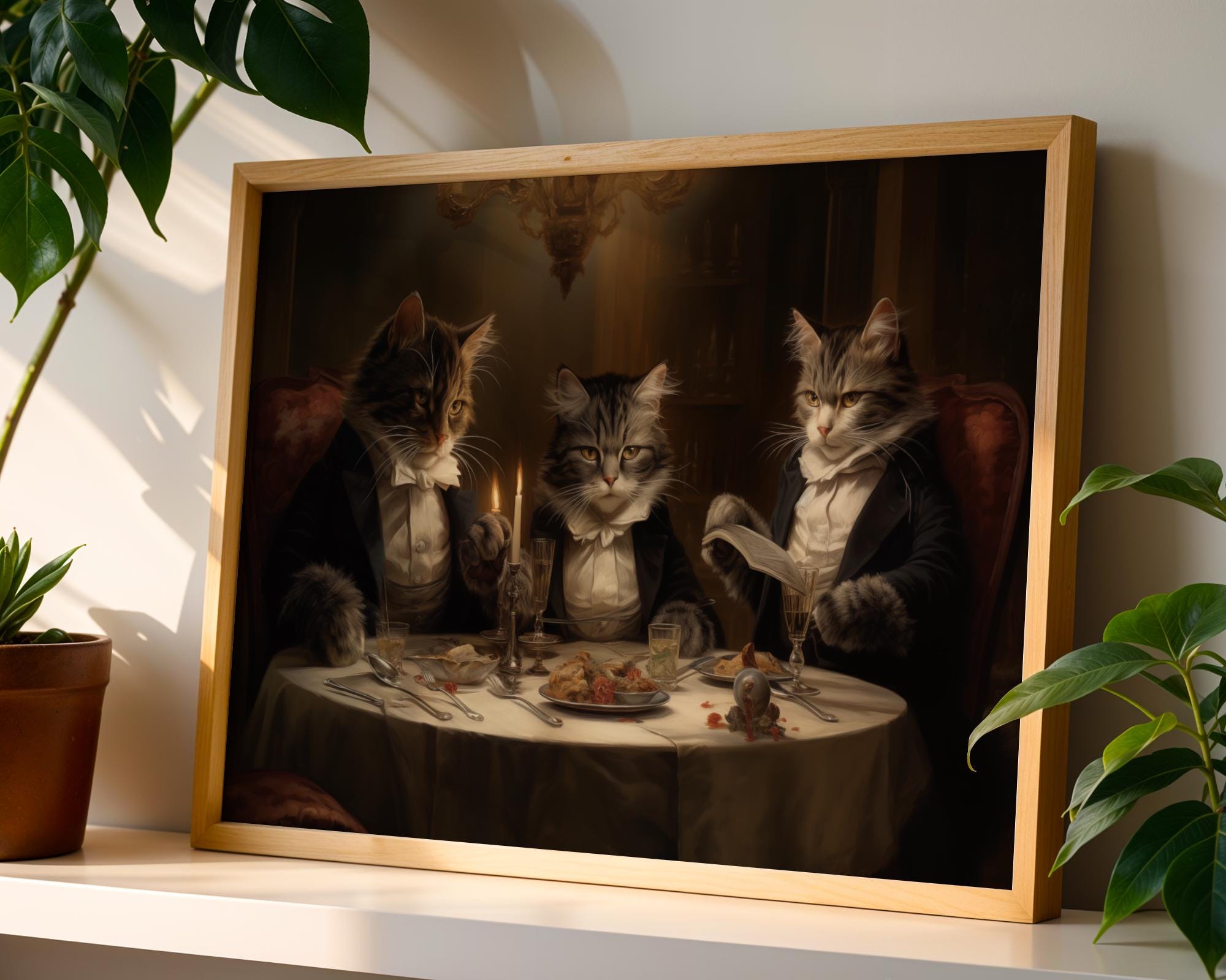 Tuxedo Cats at Dinner Party Print – Whimsical Anthropomorphic Animal Art wall art print, modern home decor, unframed artwork by Nomad & Nest