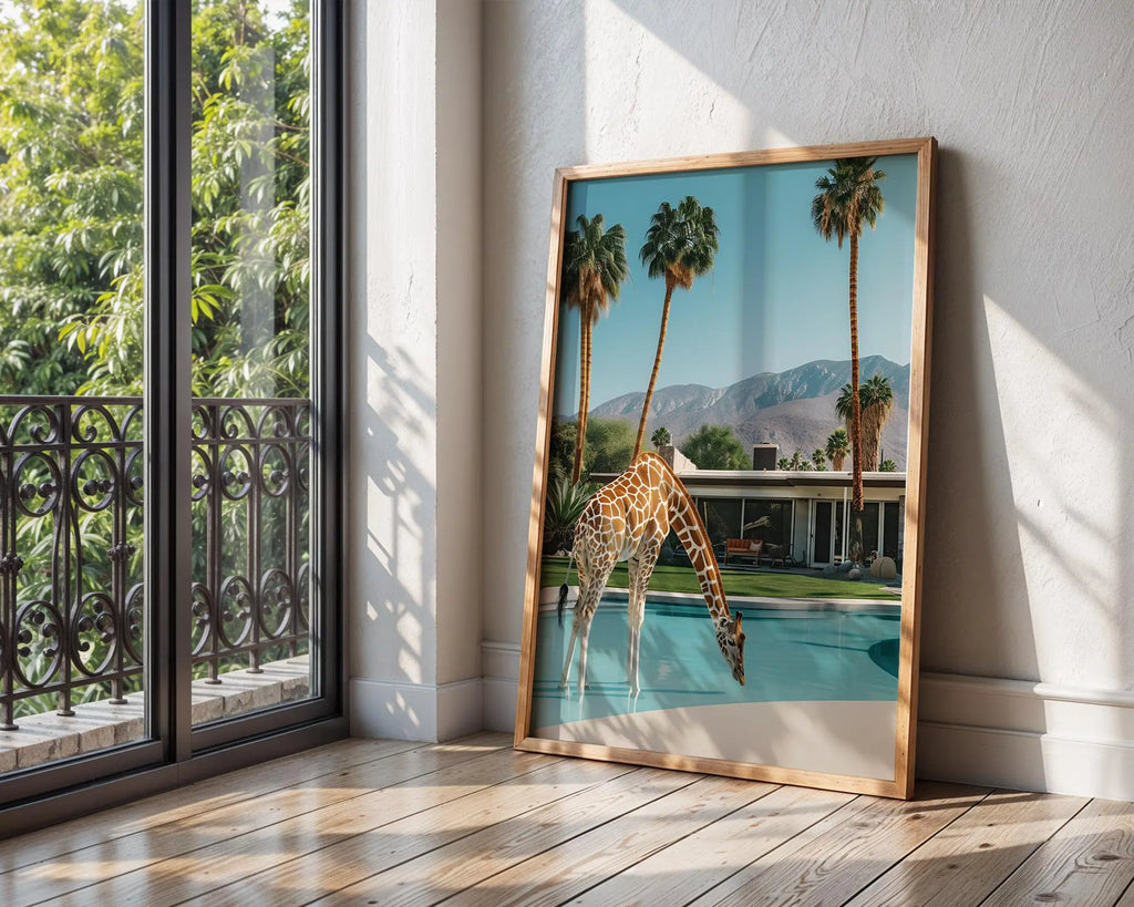 Colourful Prints | Giraffe Pool Art Print | Retro Palm Springs Decor wall art print, modern home decor, unframed artwork by Nomad & Nest