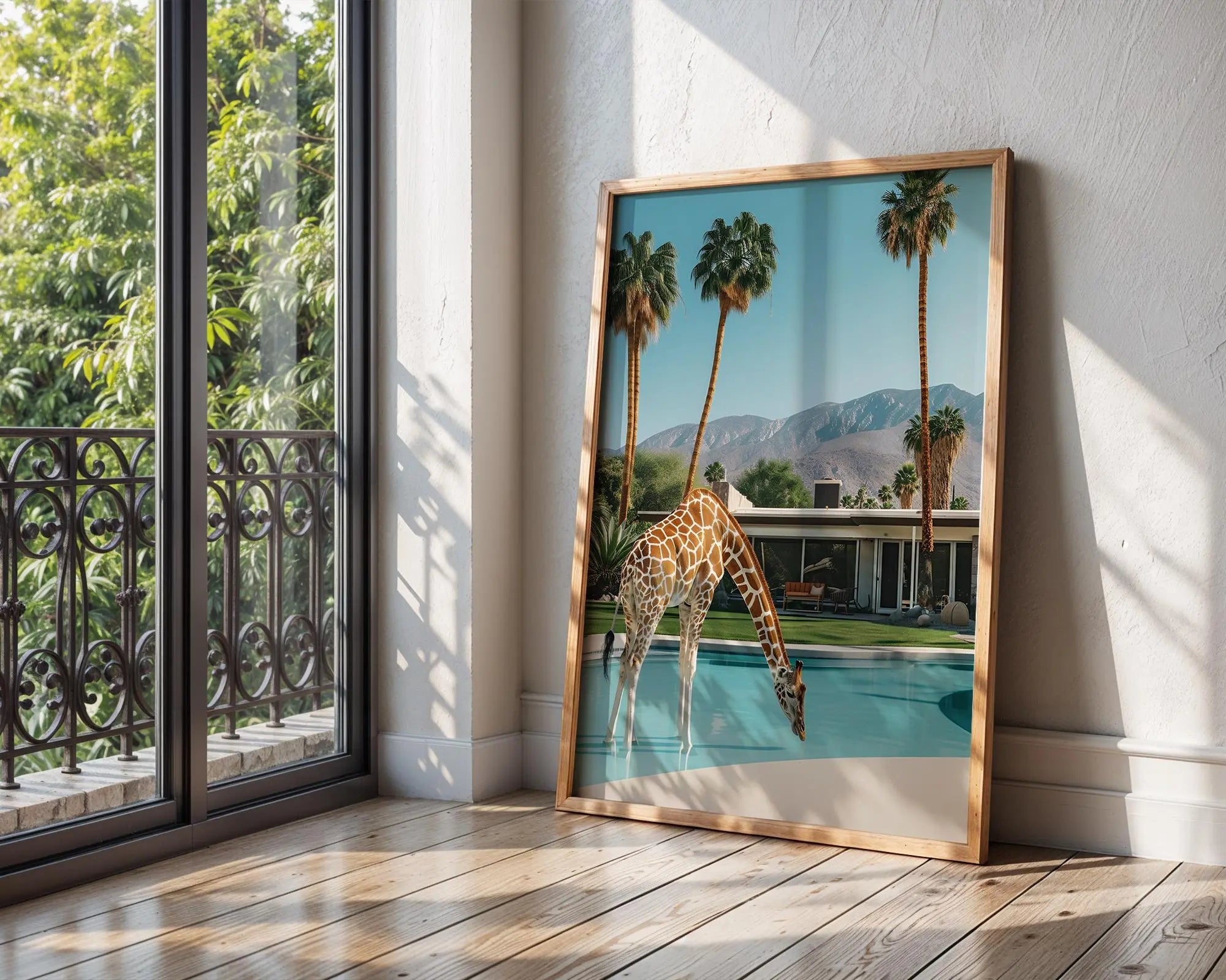 Colourful Prints | Giraffe Pool Art Print | Retro Palm Springs Decor wall art print, modern home decor, unframed artwork by Nomad & Nest