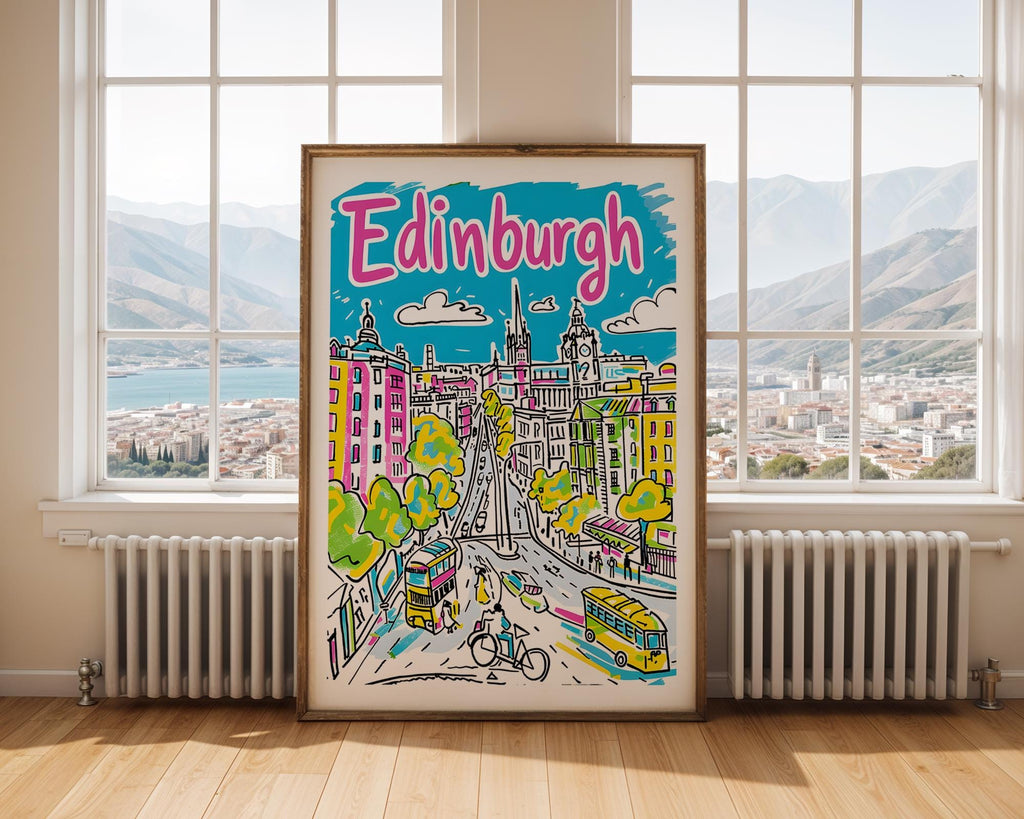 Edinburgh Scotland Poster | Colorful Hand-Drawn Cityscape Travel Print wall art print, modern home decor, unframed artwork by Nomad & Nest