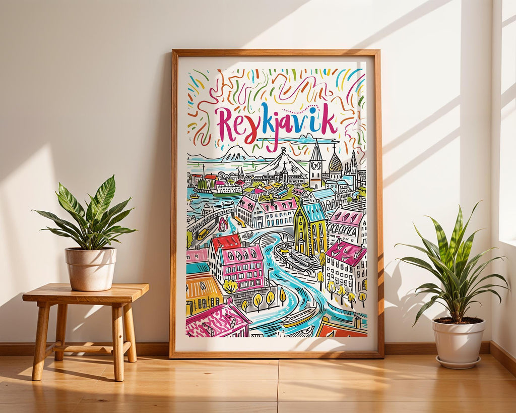 Reykjavik Iceland Travel Poster | Colorful Nordic Cityscape Art Print wall art print, modern home decor, unframed artwork by Nomad & Nest