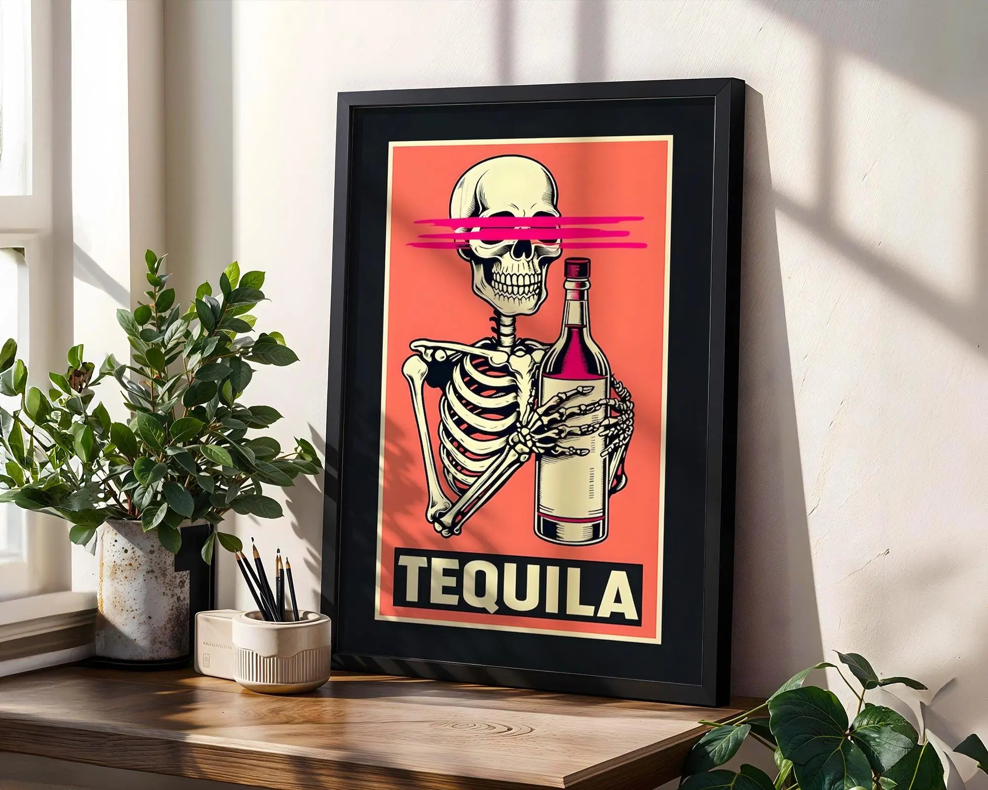 Positive Emotion | Tequila Skeleton Wall Art | Funny Drinking Poster | Bold Retro Bar Decor wall art print, modern home decor, unframed artwork by Nomad & Nest