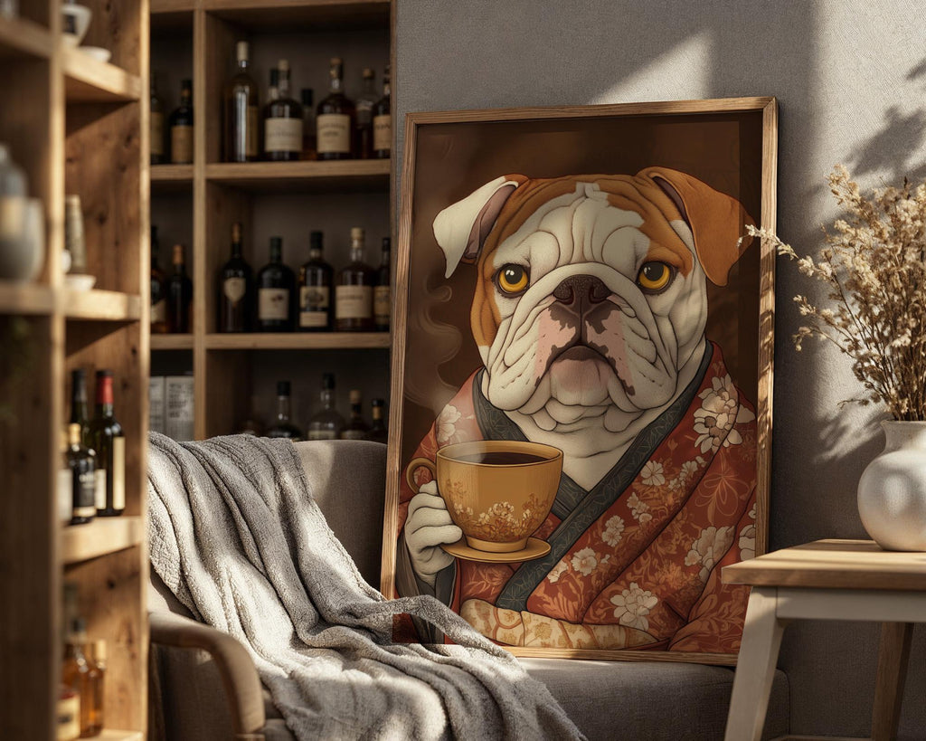 Japanese Poster | Bulldog Kimono Art Print – Funny Tea Lover Pet wall art print, modern home decor, unframed artwork by Nomad & Nest