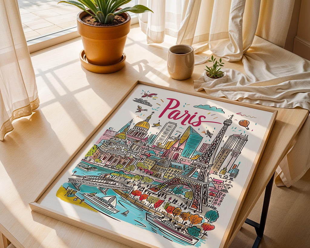Paris France Art Print | Hand-Drawn Eiffel Tower Cityscape wall art print, modern home decor, unframed artwork by Nomad & Nest