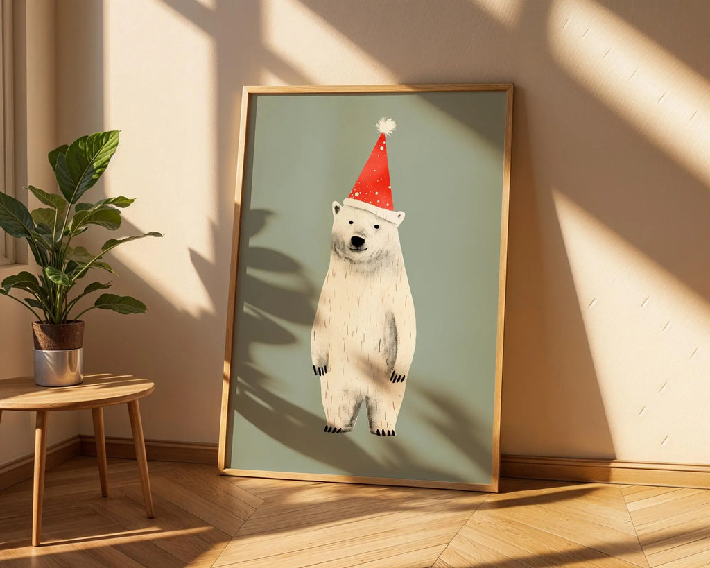 Polar Bear Christmas Print | Santa Hat, Winter Holiday Art wall art print, modern home decor, unframed artwork by Nomad & Nest