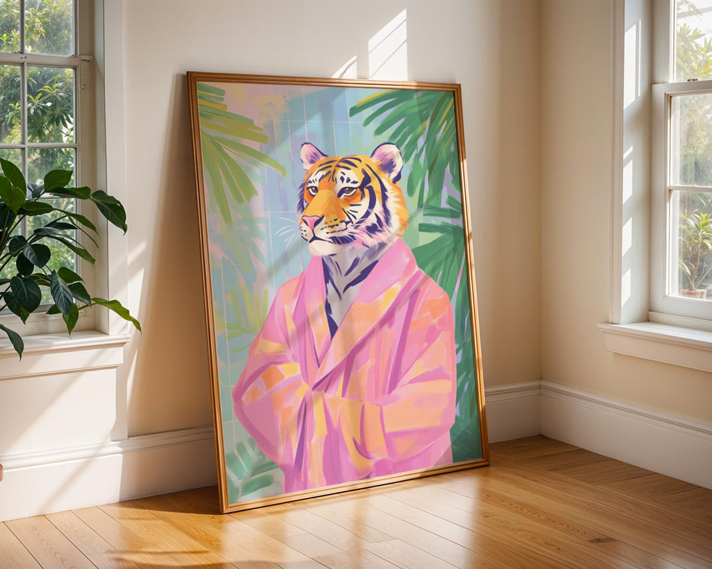 Tiger in Pink Robe Art Print | Whimsical Jungle Animal Poster wall art print, modern home decor, unframed artwork by Nomad & Nest
