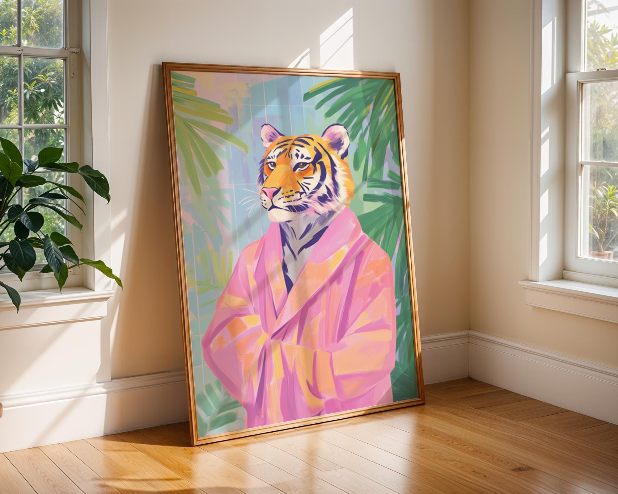 Tiger in Pink Robe Art Print | Whimsical Jungle Animal Poster wall art print, modern home decor, unframed artwork by Nomad & Nest