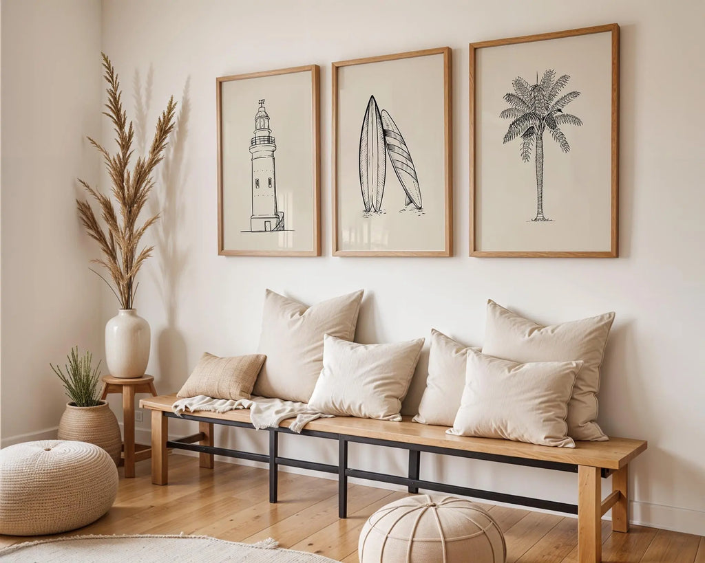 Colourful Prints | Coastal Sketch Art Prints Set | Lighthouse, Palm, Surfboards wall art print, modern home decor, unframed artwork by Nomad & Nest