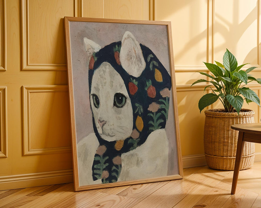 Whimsical Cat Art Print | Cat in Scarf Folk Art Poster wall art print, modern home decor, unframed artwork by Nomad & Nest