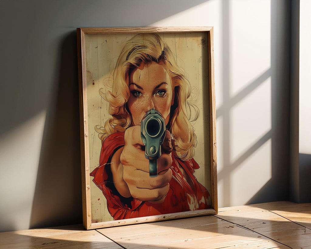 Modern Pop Art | Woman with Gun | Retro Comic Book Femme Fatale wall art print, modern home decor, unframed artwork by Nomad & Nest