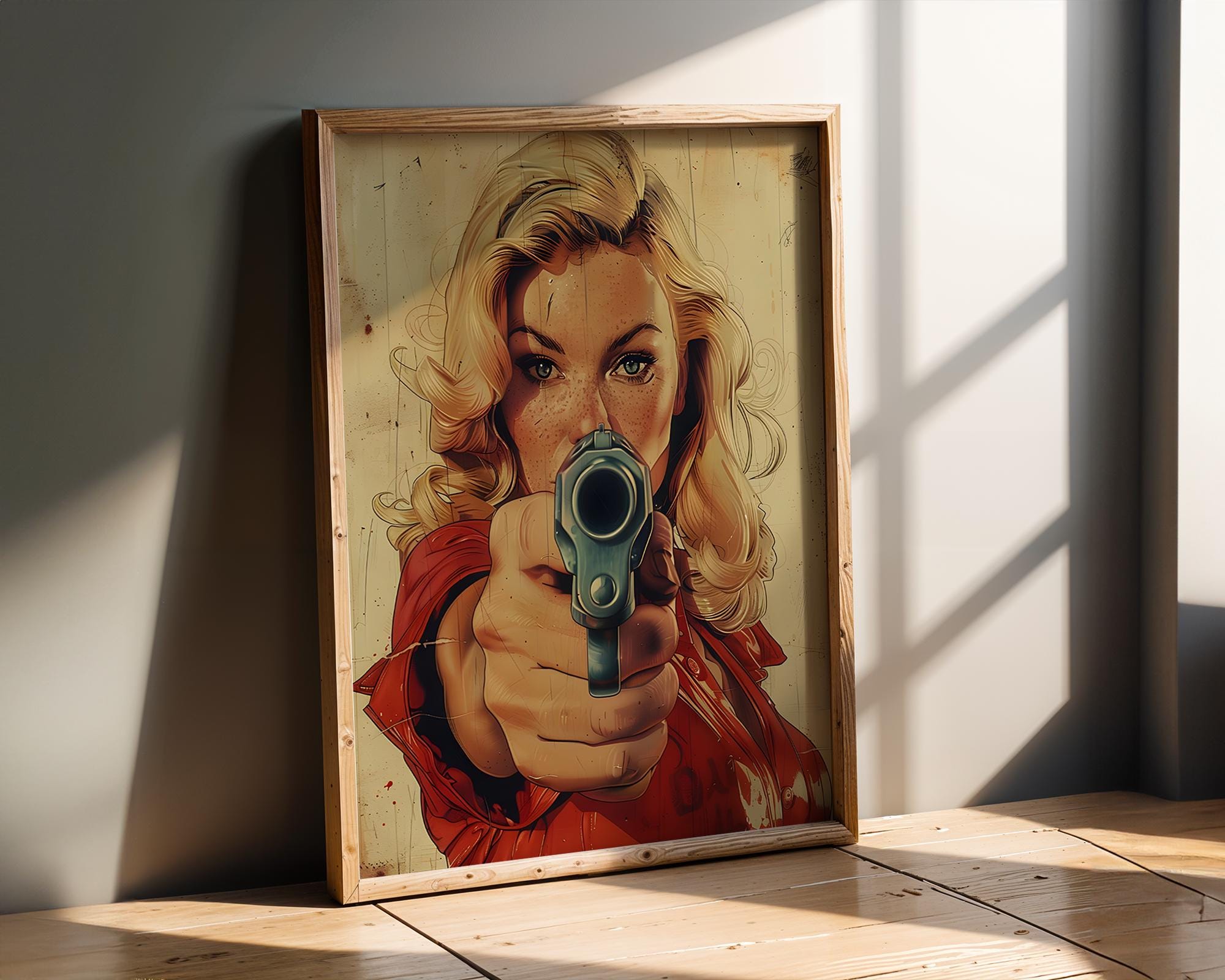 Modern Pop Art | Woman with Gun | Retro Comic Book Femme Fatale wall art print, modern home decor, unframed artwork by Nomad & Nest