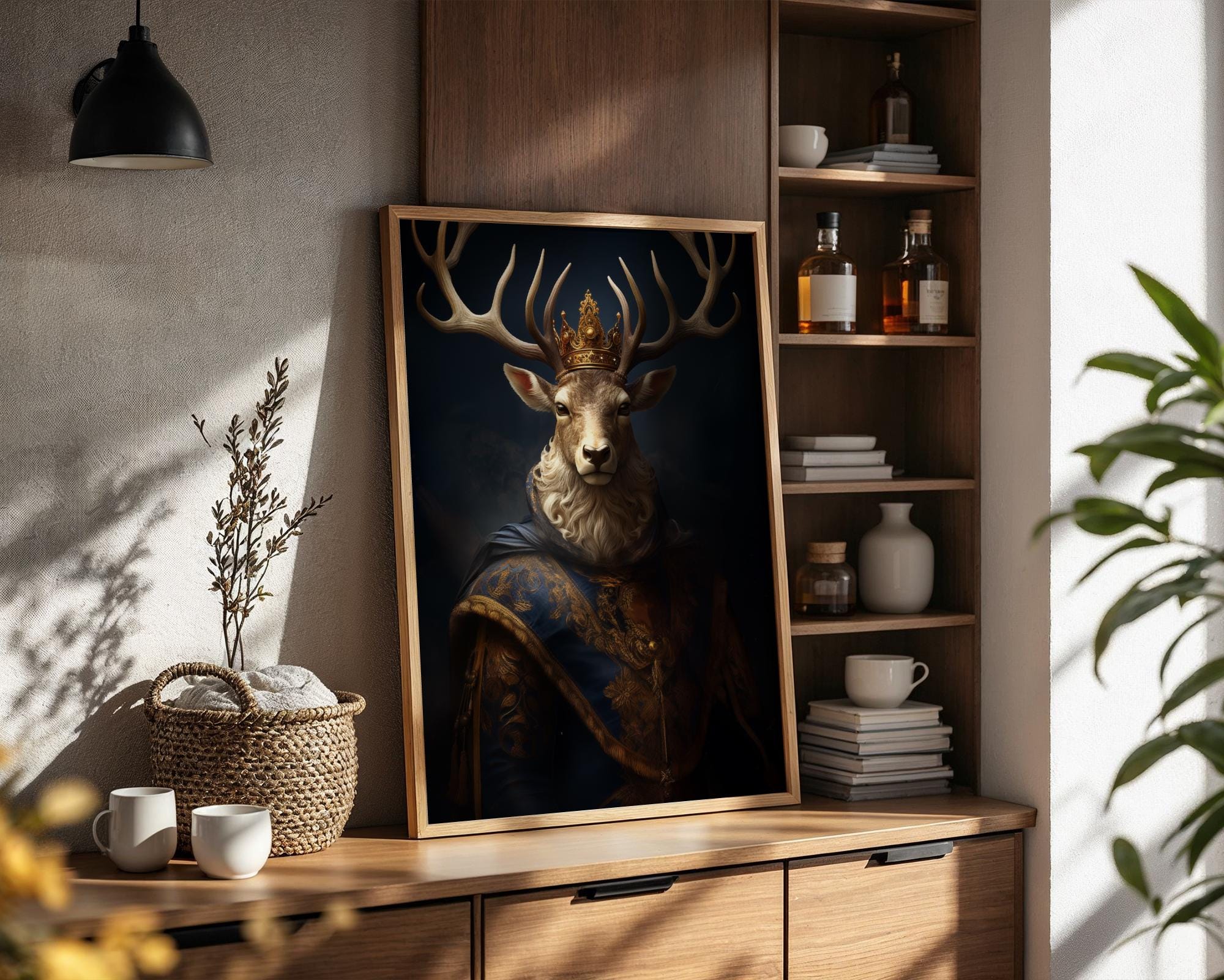 Majestic Deer with Crown Art Print | Royal Animal Portrait wall art print, modern home decor, unframed artwork by Nomad & Nest