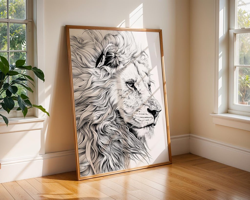 Lion Portrait Art Print | Black and White Safari Animal Illustration wall art print, modern home decor, unframed artwork by Nomad & Nest