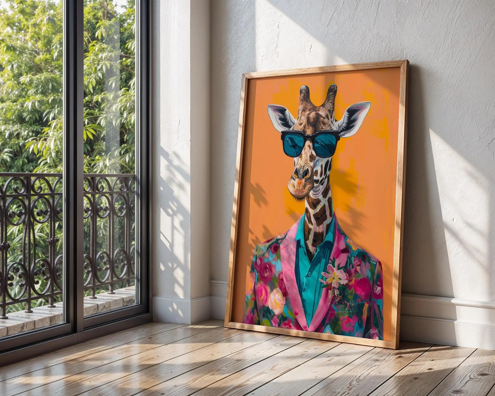 Colourful Prints | Giraffe in Floral Suit Art Print | Quirky Animal Portrait wall art print, modern home decor, unframed artwork by Nomad & Nest