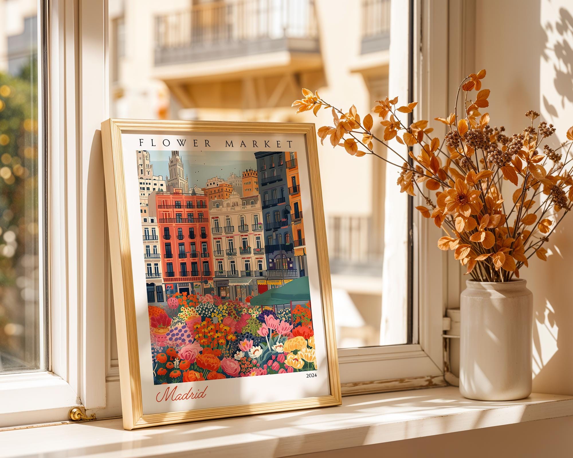 Madrid Flower Market Poster | Spanish Cityscape Travel Art wall art print, modern home decor, unframed artwork by Nomad & Nest