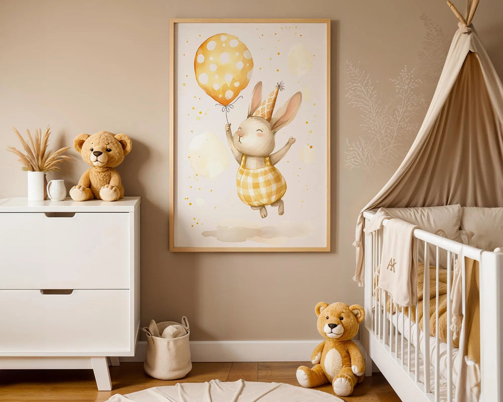 Playroom Ideas | Party Bunny with Balloon Nursery Art – Birthday Baby Print wall art print, modern home decor, unframed artwork by Nomad & Nest