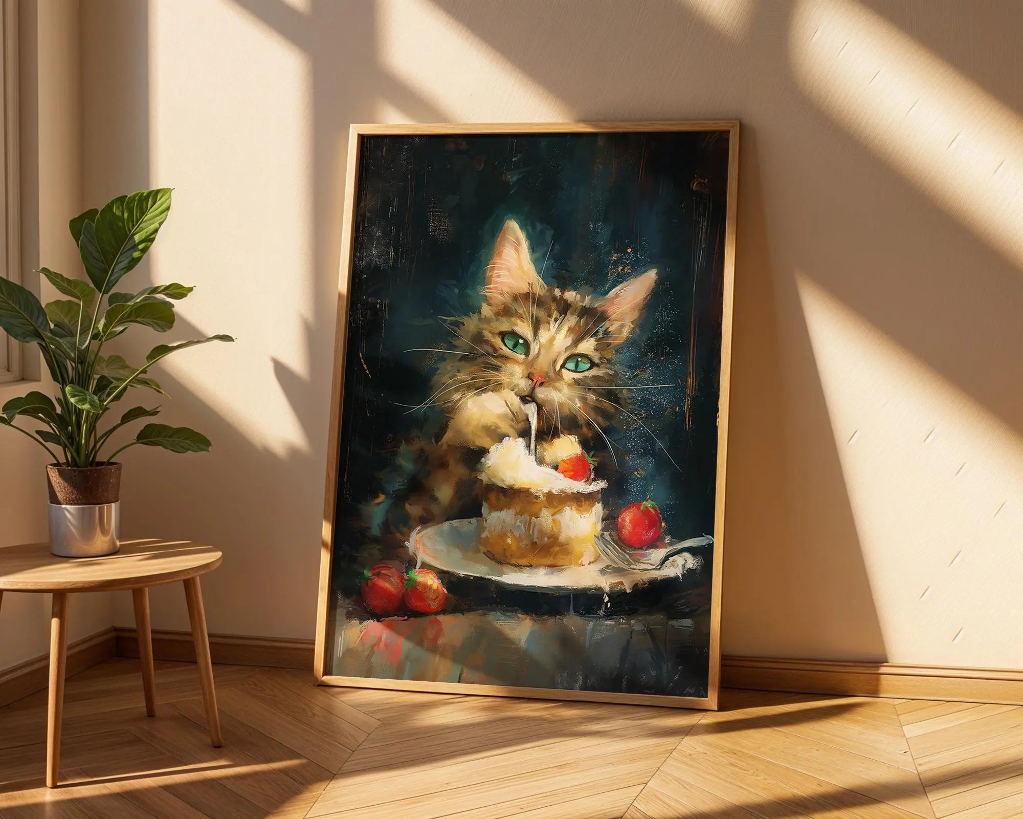 Kitten Eating Cake Art Print | Whimsical Dark Academia Decor wall art print, modern home decor, unframed artwork by Nomad & Nest