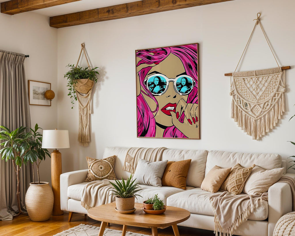 Modern Pop Art | Mona Lisa Sunglasses  Print | Pink Hair, Roy Lichtenstein Style wall art print, modern home decor, unframed artwork by Nomad & Nest