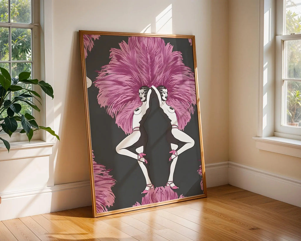 Art Deco Showgirl Print | Vintage Burlesque Illustration, Pink Feathers wall art print, modern home decor, unframed artwork by Nomad & Nest