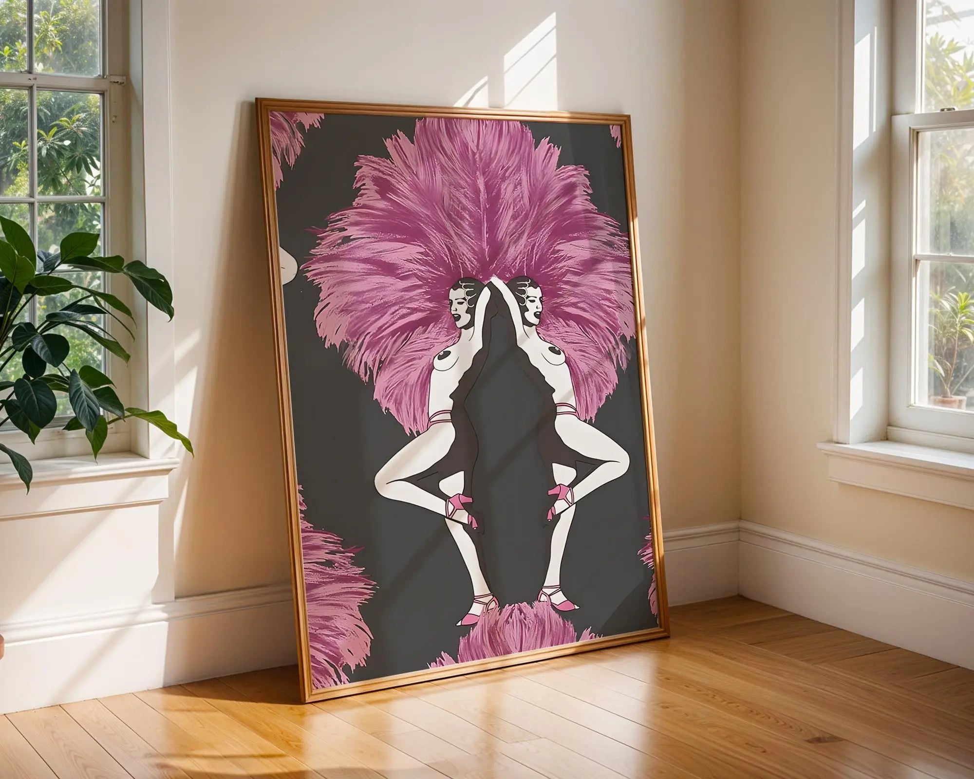 Art Deco Showgirl Print | Vintage Burlesque Illustration, Pink Feathers wall art print, modern home decor, unframed artwork by Nomad & Nest