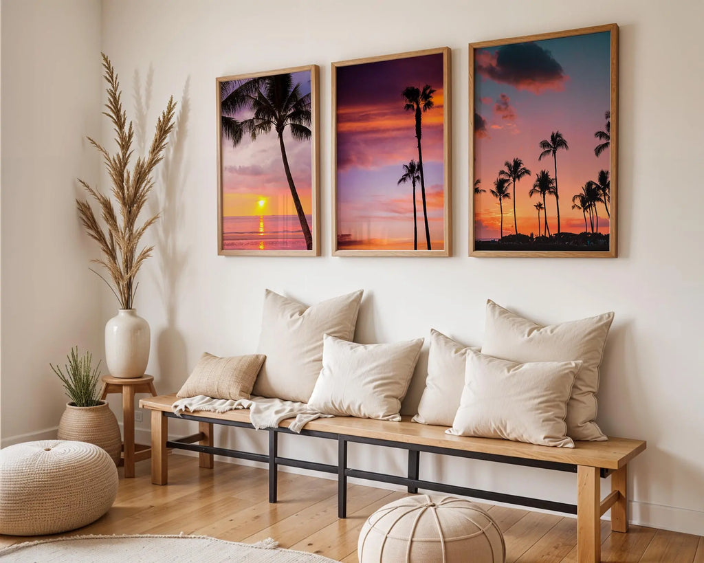 Colourful Prints | Tropical Sunset Palm Tree Print Set – Vibrant Coastal Wall Art Trio wall art print, modern home decor, unframed artwork by Nomad & Nest