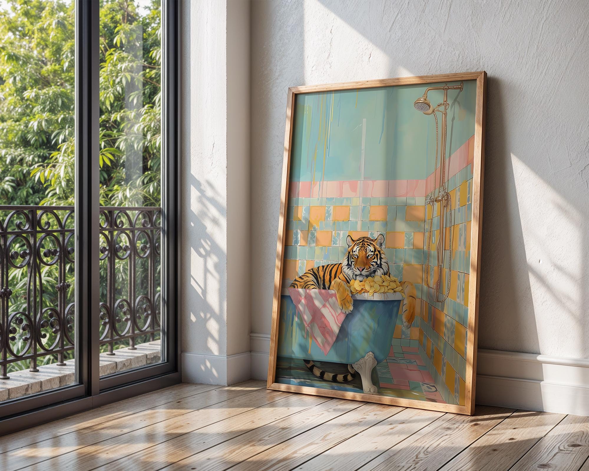 Colourful Prints | Funny Tiger in Bathtub Art Print | Playful Bathroom Decor wall art print, modern home decor, unframed artwork by Nomad & Nest