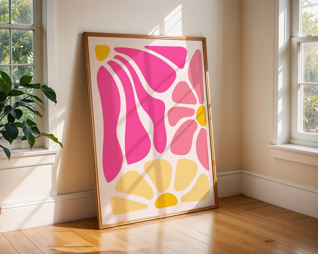 Pink and Yellow Floral Art Print | Groovy Mid Century Modern Decor wall art print, modern home decor, unframed artwork by Nomad & Nest