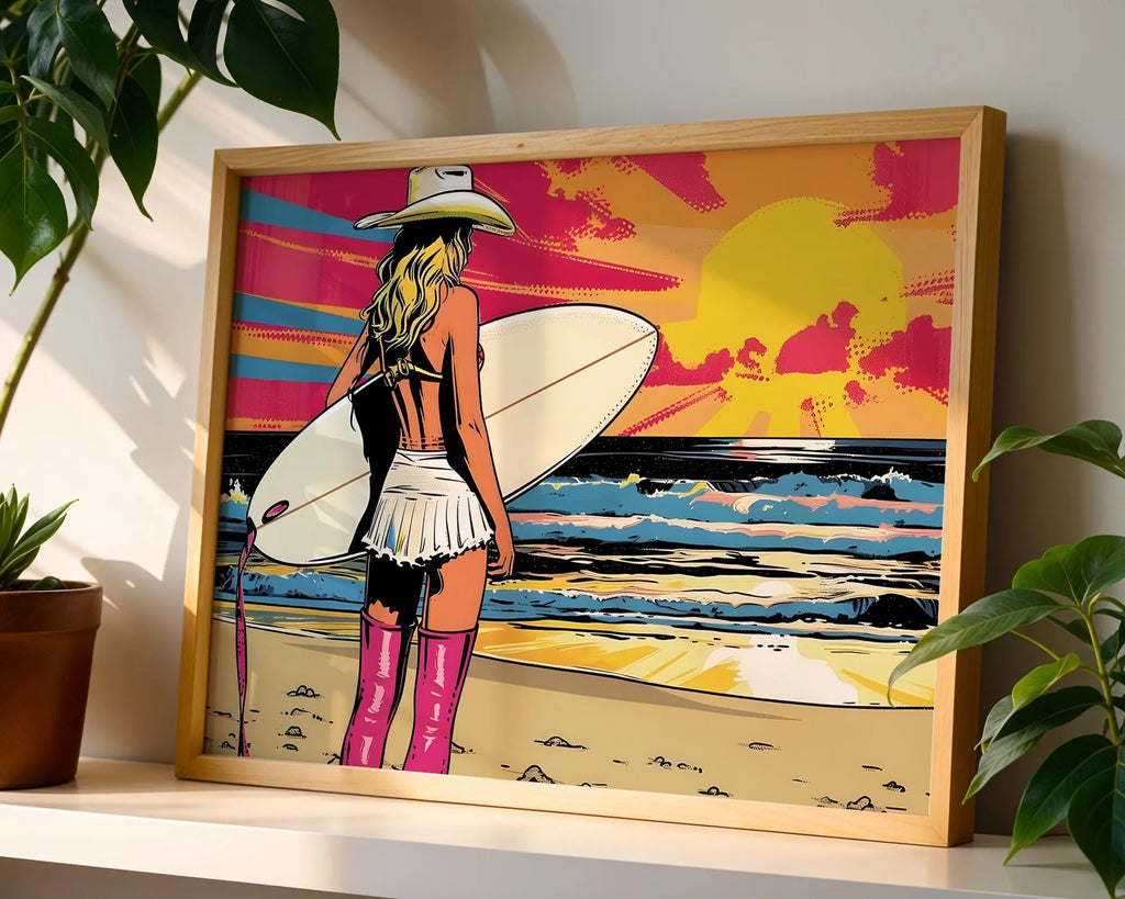 Modern Pop Art | Retro Cowgirl Surfer Beach Print |  Coastal  Decor wall art print, modern home decor, unframed artwork by Nomad & Nest