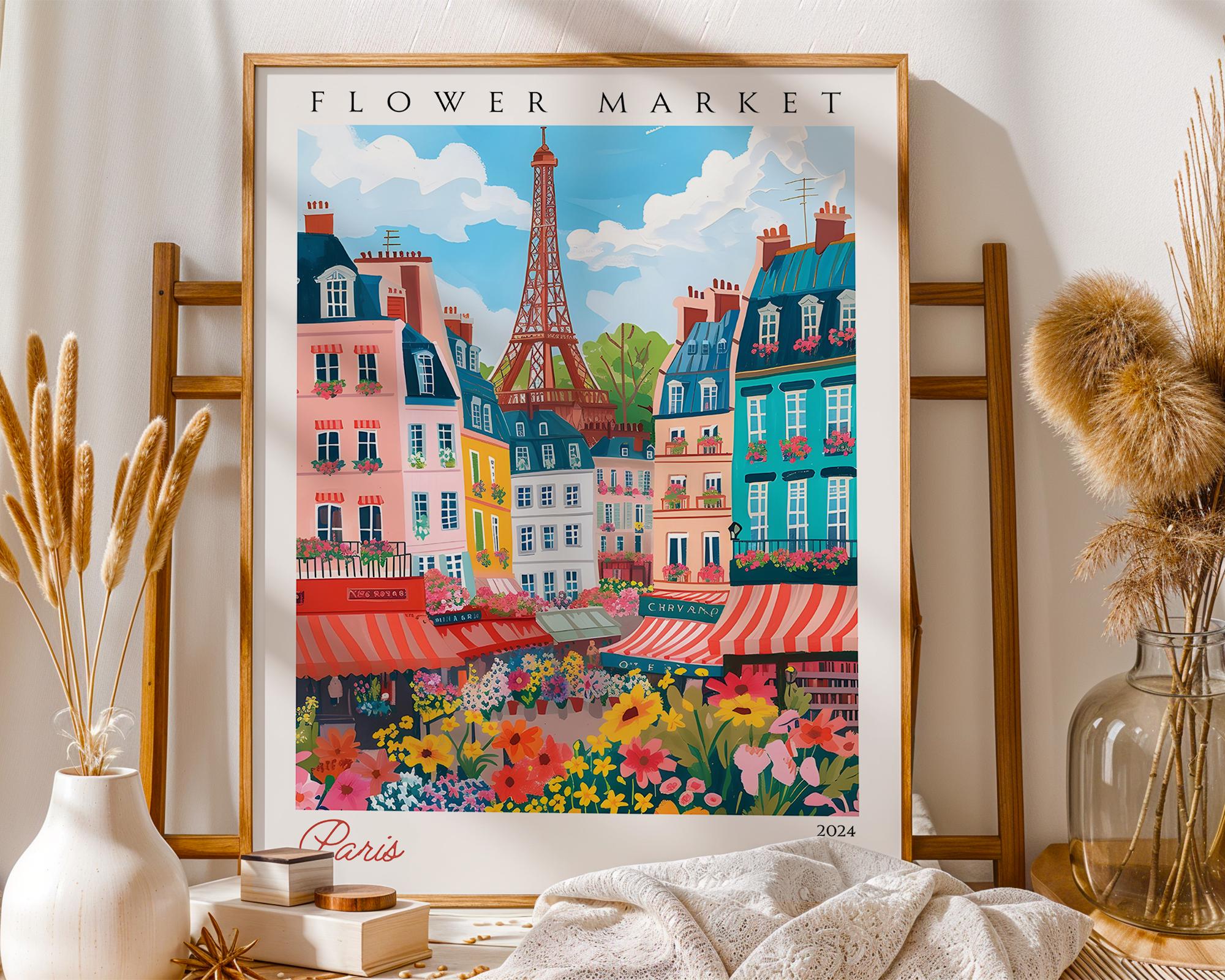 Paris Flower Market Poster | Eiffel Tower Vintage Travel Print wall art print, modern home decor, unframed artwork by Nomad & Nest