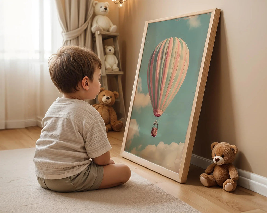 Playroom Ideas | Pastel Hot Air Balloon Nursery Art – Dreamy Baby Print wall art print, modern home decor, unframed artwork by Nomad & Nest