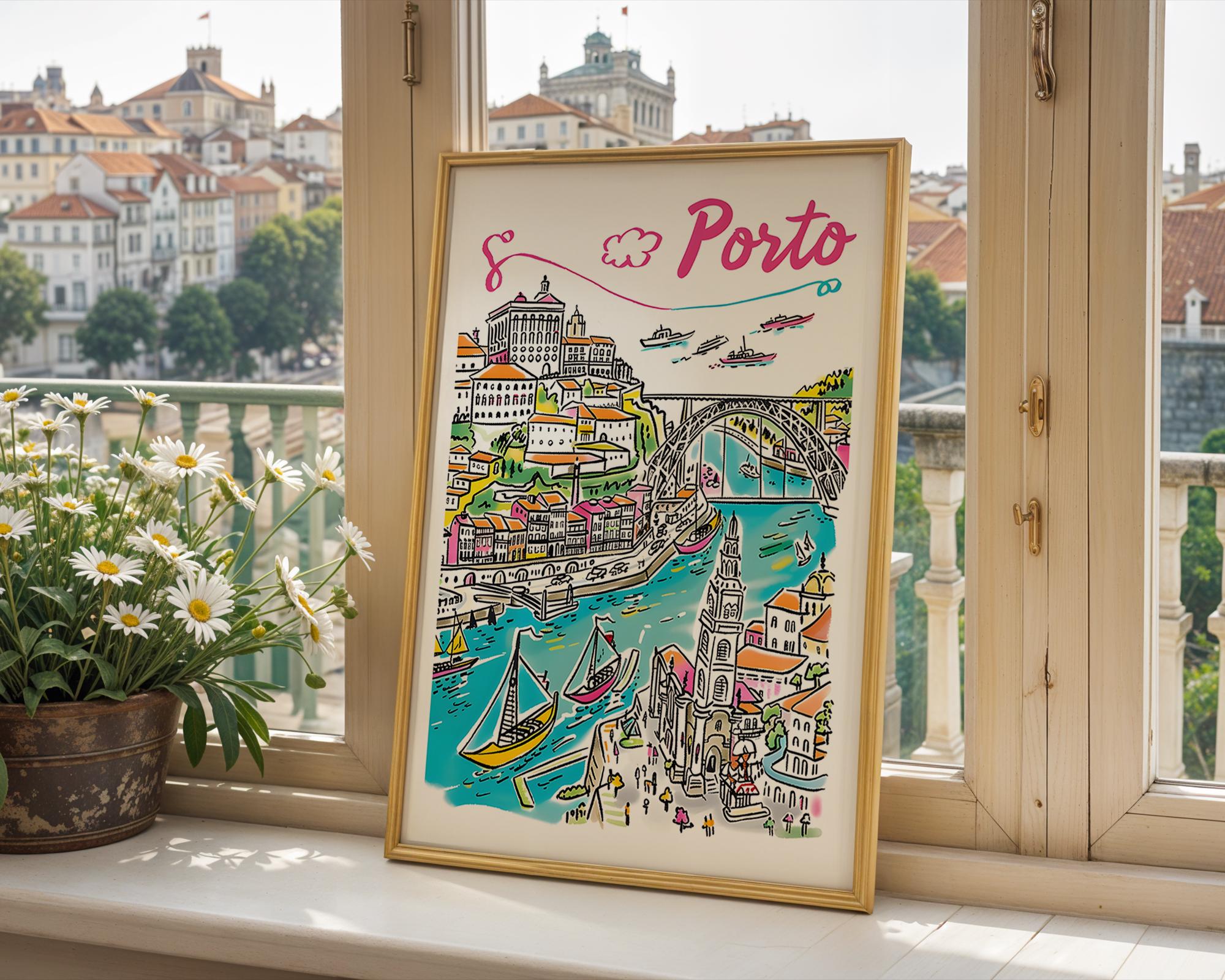 Porto Cityscape Travel Poster | Douro River Illustration Print wall art print, modern home decor, unframed artwork by Nomad & Nest