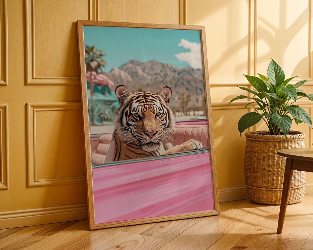 Tiger in Pink Convertible Print | Retro Palm Springs Wall Art wall art print, modern home decor, unframed artwork by Nomad & Nest