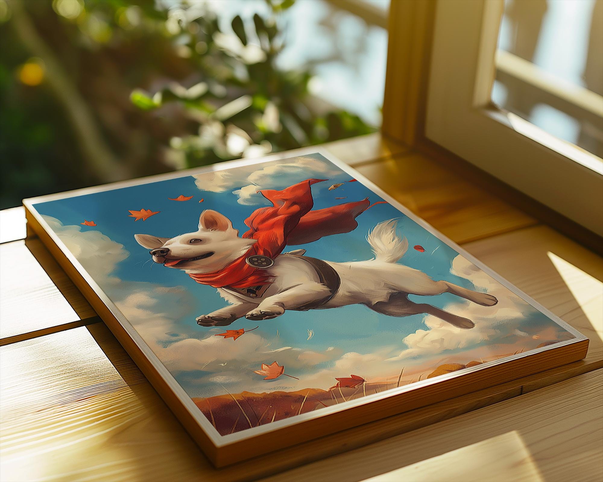 Whimsical Flying Dog Art Print | Red Scarf Pup Illustration wall art print, modern home decor, unframed artwork by Nomad & Nest
