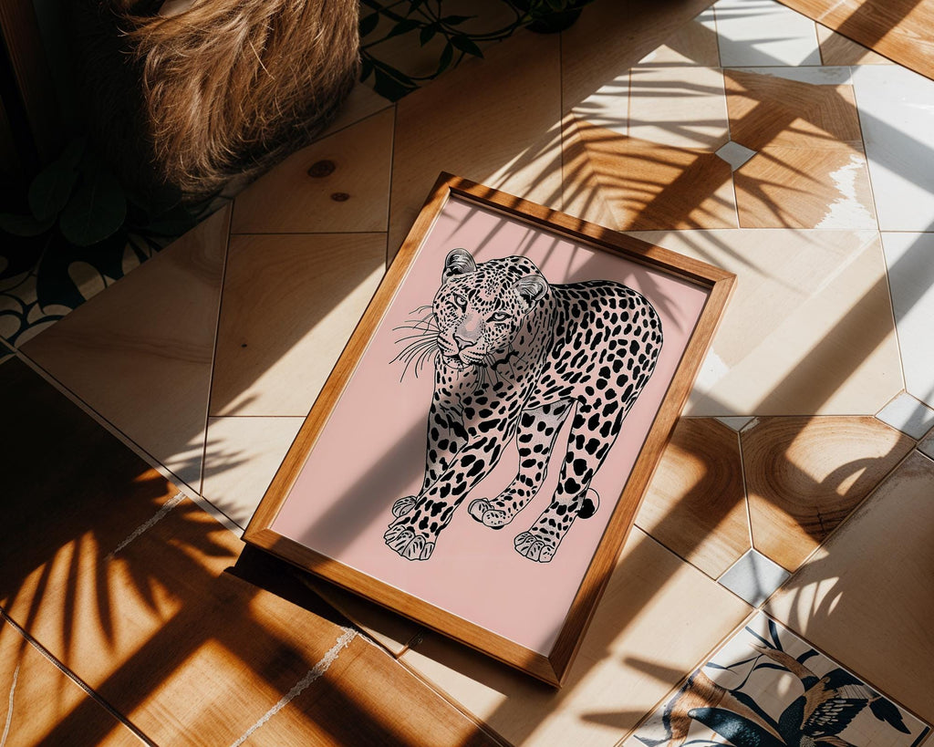 Modern Pop Art | Elegant Leopard  Print | Minimalist Pink Jungle Cat Illustration wall art print, modern home decor, unframed artwork by Nomad & Nest
