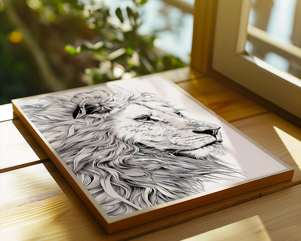 Lion Portrait Art Print | Black and White Safari Animal Illustration wall art print, modern home decor, unframed artwork by Nomad & Nest
