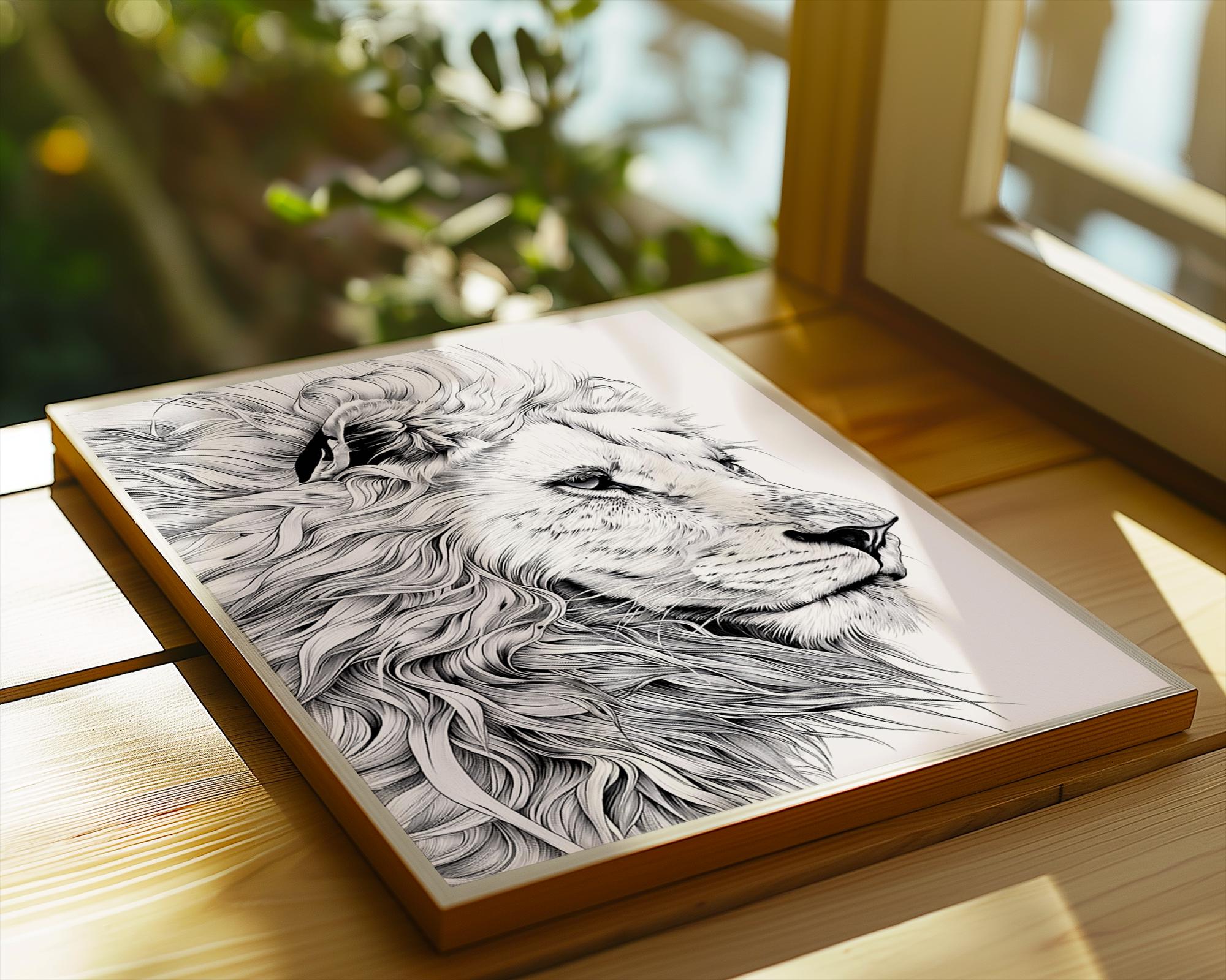 Lion Portrait Art Print | Black and White Safari Animal Illustration wall art print, modern home decor, unframed artwork by Nomad & Nest