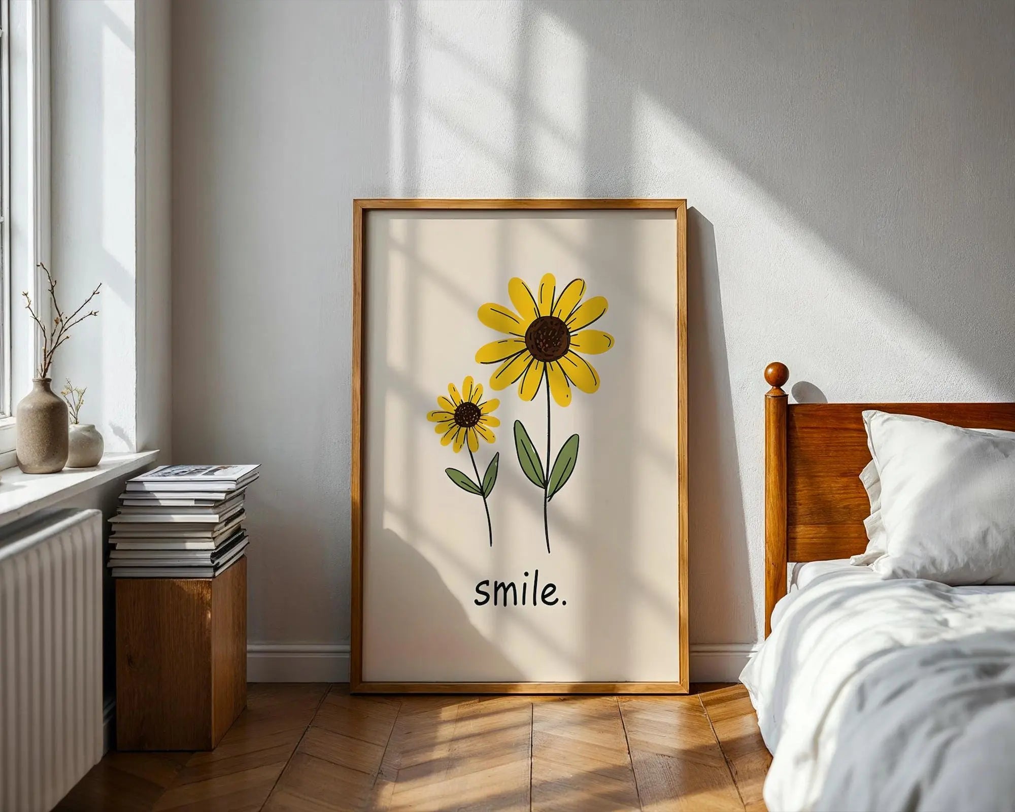 Positive Emotion | Smile Sunflower Wall Art | Simple Happy Floral Print | Cheerful Home Decor wall art print, modern home decor, unframed artwork by Nomad & Nest