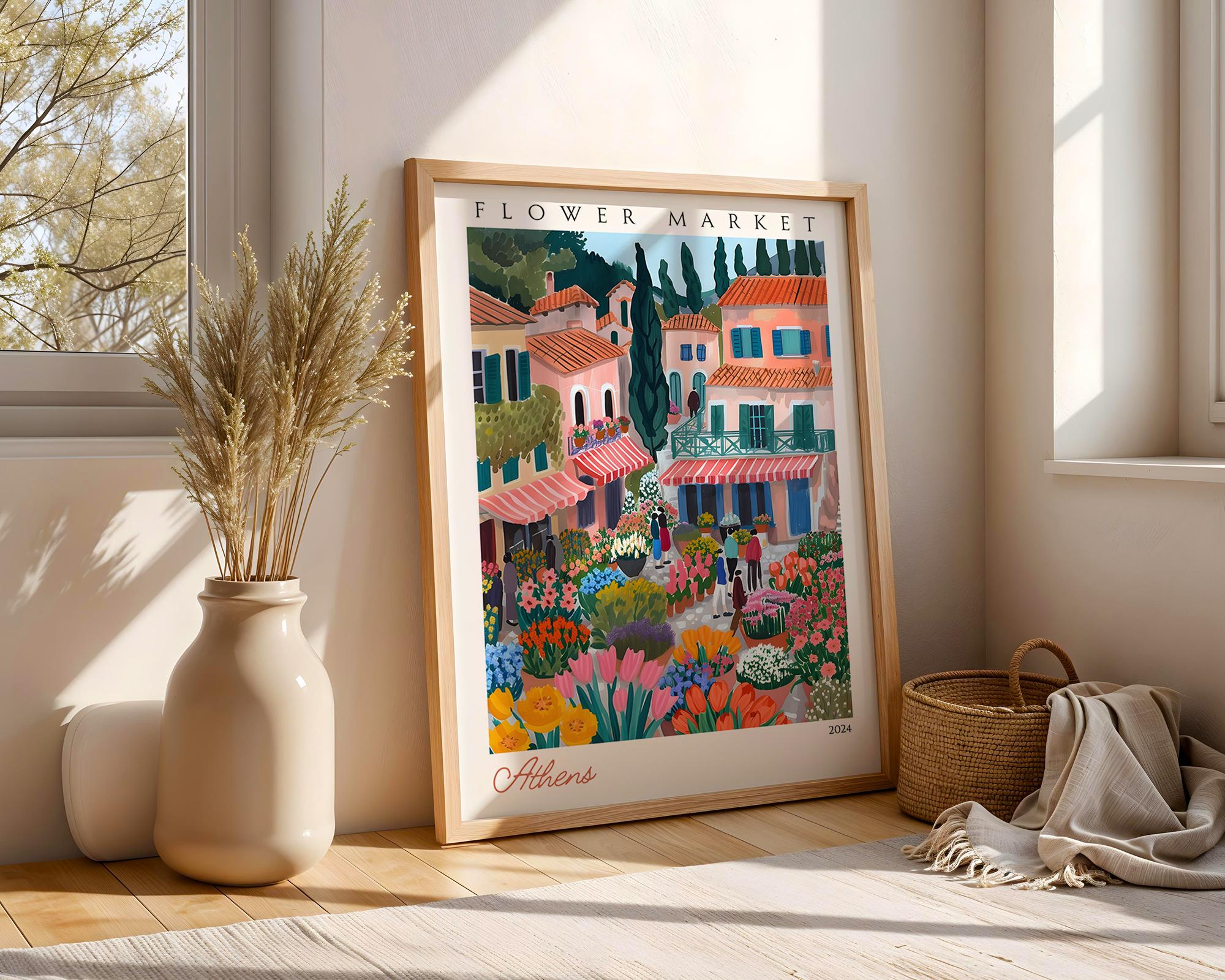 Athens Flower Market Poster | Vintage Greek Travel Print wall art print, modern home decor, unframed artwork by Nomad & Nest