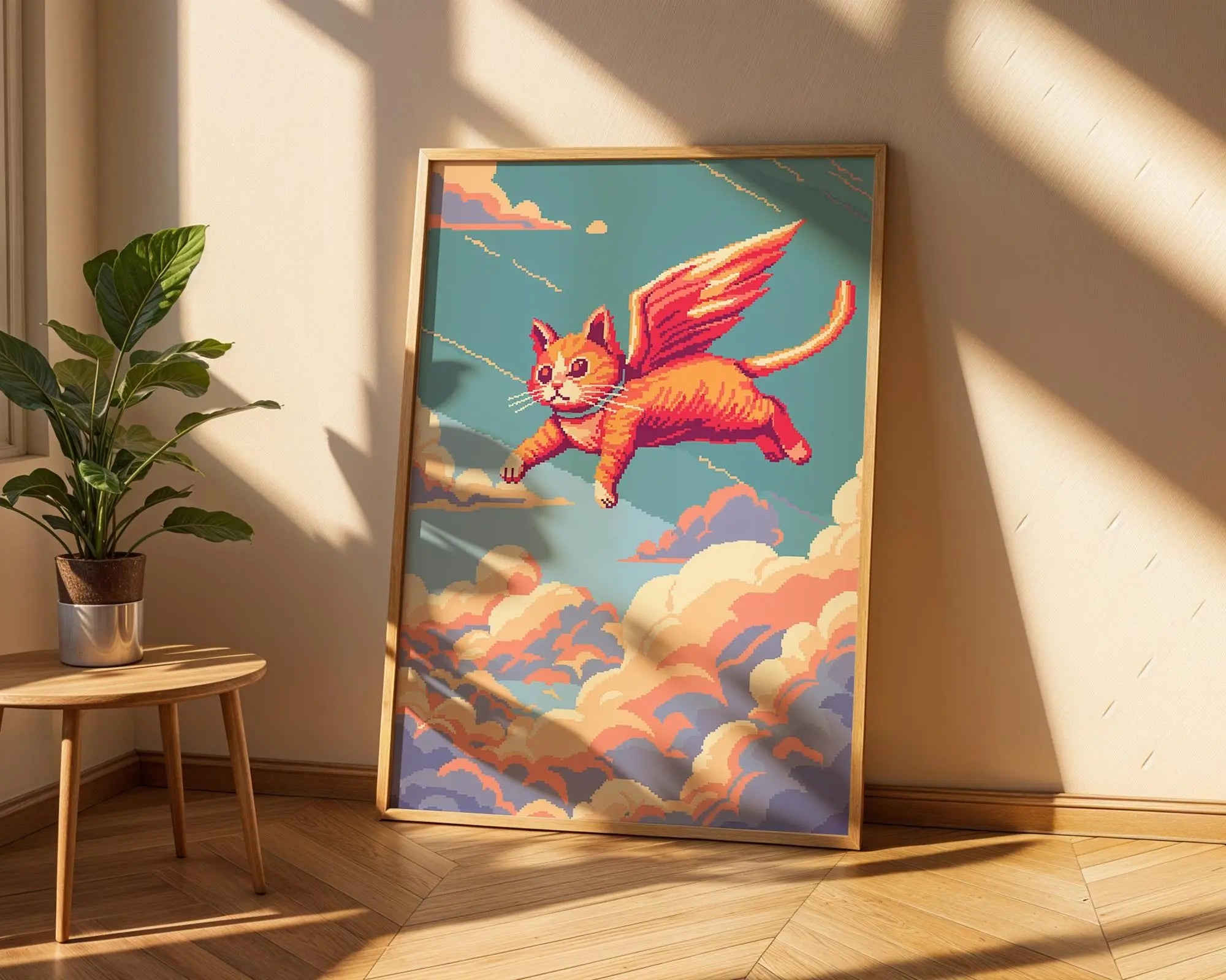 Flying Cat Pixel Art Print | Whimsical Angel Wings Poster wall art print, modern home decor, unframed artwork by Nomad & Nest
