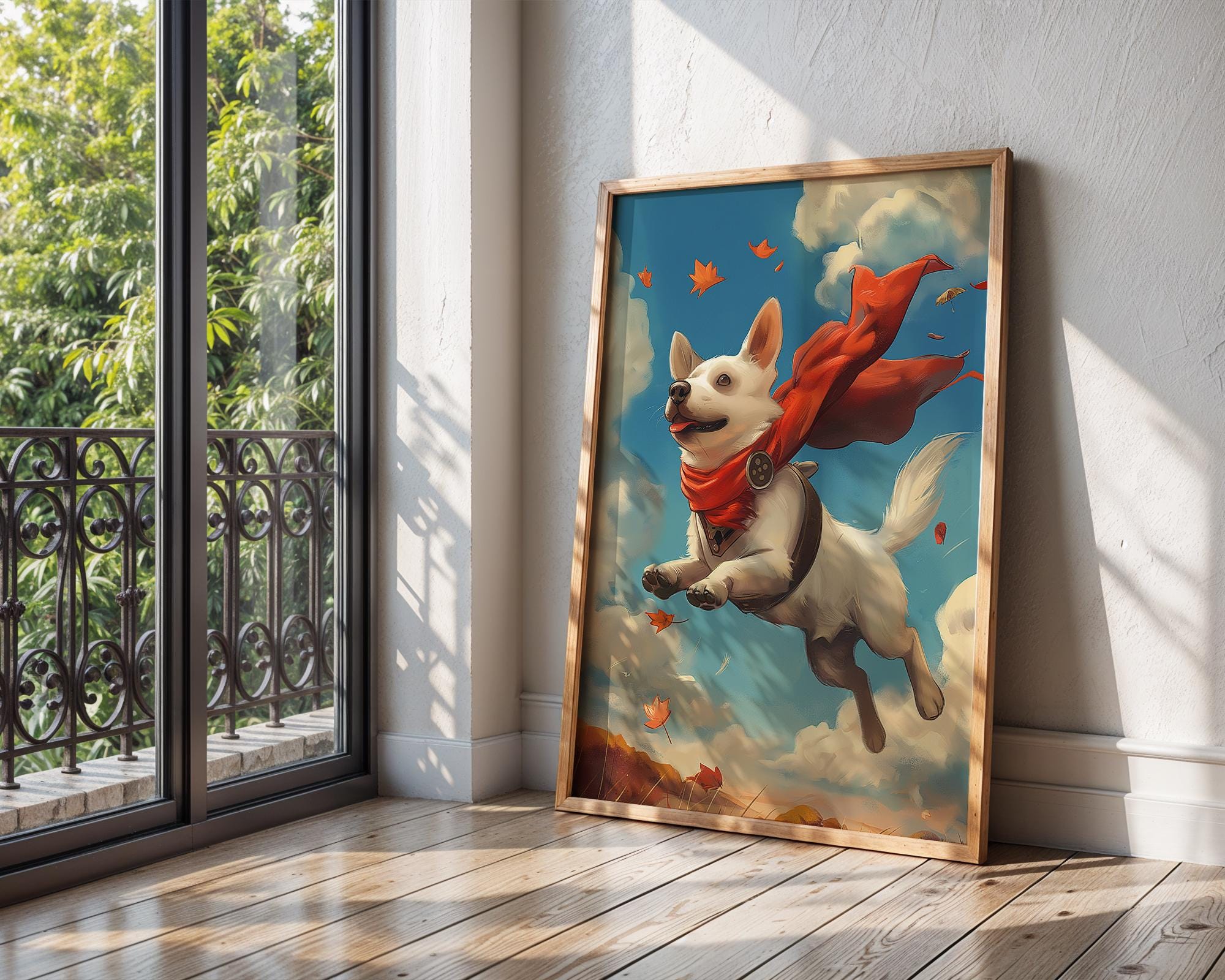 Whimsical Flying Dog Art Print | Red Scarf Pup Illustration wall art print, modern home decor, unframed artwork by Nomad & Nest